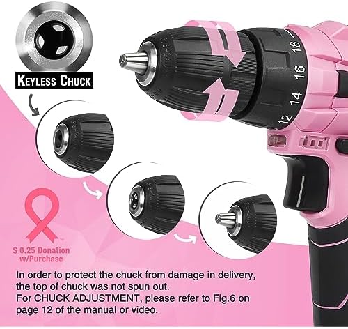 WORKPRO 12V Pink Cordless Drill Driver and Home Tool Kit, Hand Tool Set for DIY, Home Maintenance, 14-inch Storage Bag Included - Pink Ribbon - Image 3