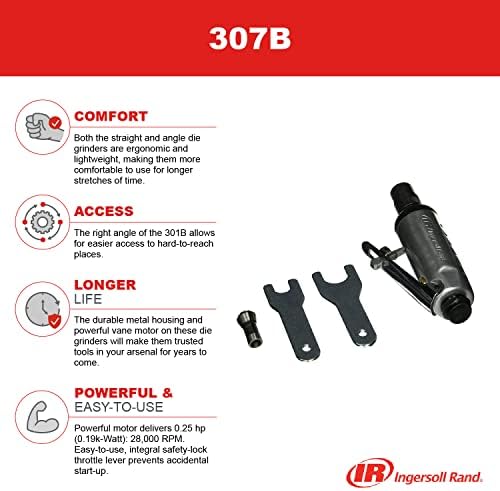Ingersoll Rand 307B 1/4” Air Die Grinder, Straight, 28,000 RPM, 0.25 HP, Ball Bearing Construction, Safety Lock, Aluminum Housing, Lightweight Power Tool , Grey - Image 2