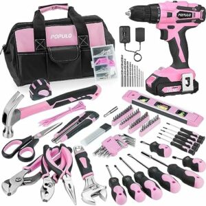 POPULO Pink Tool Kit 236-Piece with Cordless 20V 2000mAh Power Drill Driver, Lady's Basic Home Tool Set with 12-Inch Pink Tool Bag, Electric Drill Sets Combo Kit for Women, House, DIY