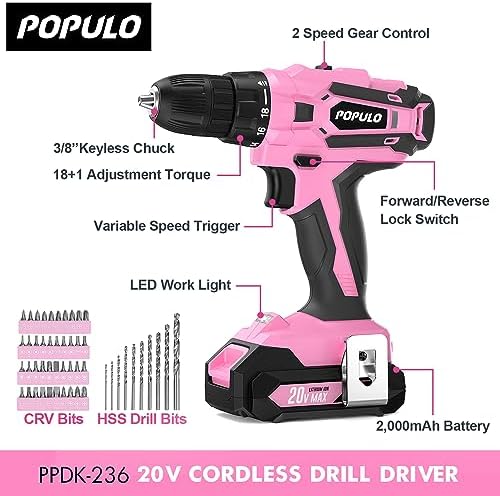 POPULO Pink Tool Kit 236-Piece with Cordless 20V 2000mAh Power Drill Driver, Lady's Basic Home Tool Set with 12-Inch Pink Tool Bag, Electric Drill Sets Combo Kit for Women, House, DIY - Image 2