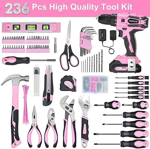 POPULO Pink Tool Kit 236-Piece with Cordless 20V 2000mAh Power Drill Driver, Lady's Basic Home Tool Set with 12-Inch Pink Tool Bag, Electric Drill Sets Combo Kit for Women, House, DIY - Image 3