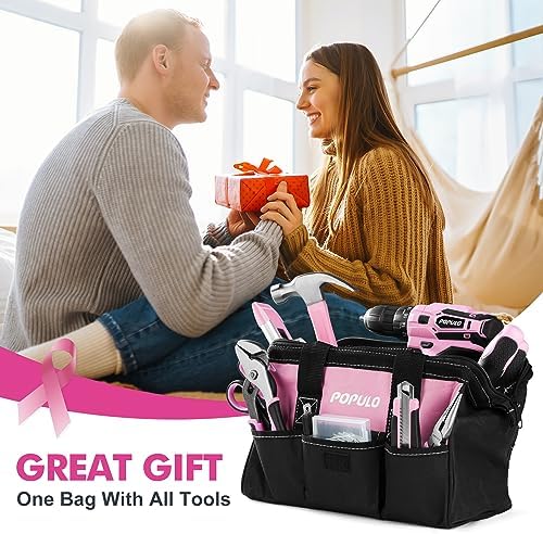 POPULO Pink Tool Kit 236-Piece with Cordless 20V 2000mAh Power Drill Driver, Lady's Basic Home Tool Set with 12-Inch Pink Tool Bag, Electric Drill Sets Combo Kit for Women, House, DIY - Image 5