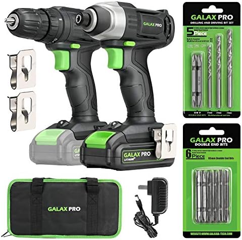 GALAX PRO Cordless Drill Driver/Impact Driver with 1pcs 1.3Ah Lithium-Ion Batteries, Charger Kit, 11pcs Accessories and Tool Bag