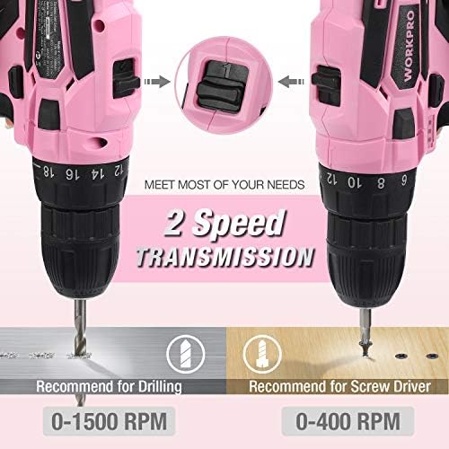 WORKPRO 12V Pink Cordless Drill Driver and Home Tool Kit, Hand Tool Set for DIY, Home Maintenance, 14-inch Storage Bag Included - Pink Ribbon - Image 4