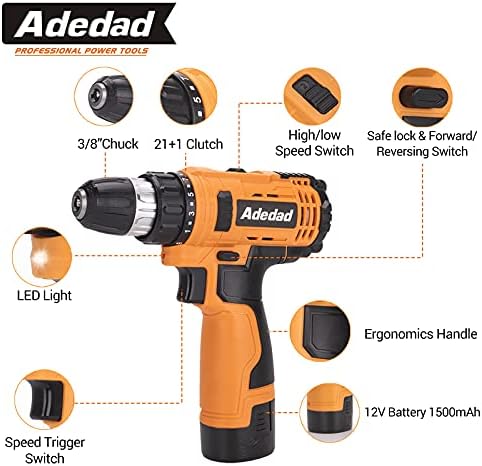 Adedad 12V Cordless Drill Set Electric Power Drill with 2 Batteries and Charger, 3/8 Inch Keyless Chuck, 300 In-lbs Torque, 21+1 Position, 2 Variable Speed, LED Light and 43pcs Accessories - Image 3