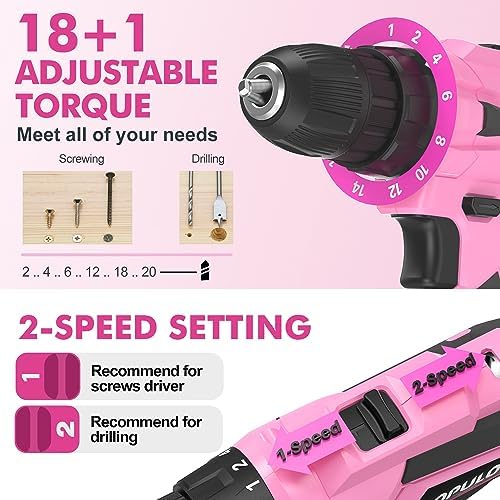POPULO Pink Tool Kit 236-Piece with Cordless 20V 2000mAh Power Drill Driver, Lady's Basic Home Tool Set with 12-Inch Pink Tool Bag, Electric Drill Sets Combo Kit for Women, House, DIY - Image 4