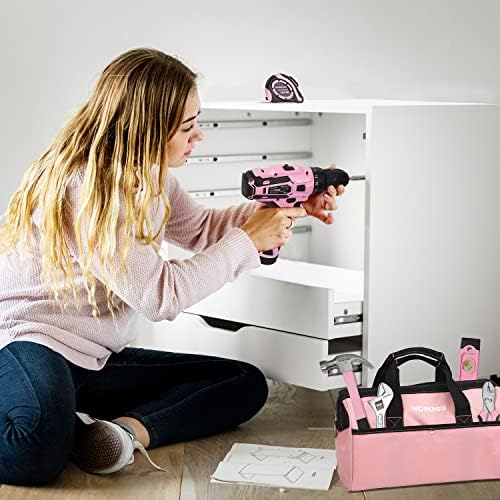 WORKPRO 12V Pink Cordless Drill Driver and Home Tool Kit, Hand Tool Set for DIY, Home Maintenance, 14-inch Storage Bag Included - Pink Ribbon - Image 8