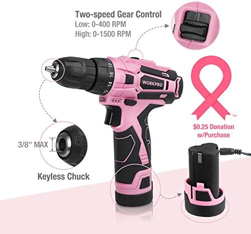 WORKPRO Pink Cordless Drill Driver Set, 12V Electric Screwdriver Driver Tool Kit, 3/8" Keyless Chuck, Charger and Storage Bag Included - Pink Ribbon - Image 5