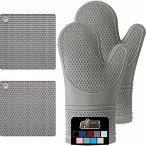 Gorilla Grip Heat and Slip Resistant Silicone Oven Mitt and Trivets Set, Waterproof, Cotton Lined Gloves, BPA-Free, Long Cooking Mitts and Trivet Mats, Kitchen Potholder Sets for Pans, 4 Pieces, Gray