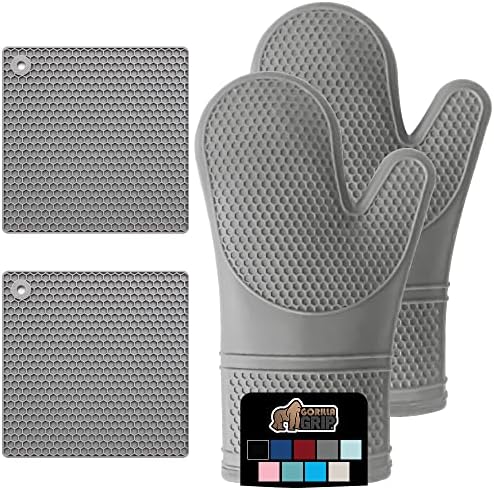 Gorilla Grip Heat and Slip Resistant Silicone Oven Mitt and Trivets Set, Waterproof, Cotton Lined Gloves, BPA-Free, Long Cooking Mitts and Trivet Mats, Kitchen Potholder Sets for Pans, 4 Pieces, Gray