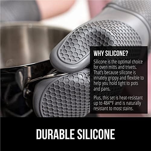 Gorilla Grip Heat and Slip Resistant Silicone Oven Mitt and Trivets Set, Waterproof, Cotton Lined Gloves, BPA-Free, Long Cooking Mitts and Trivet Mats, Kitchen Potholder Sets for Pans, 4 Pieces, Gray - Image 3