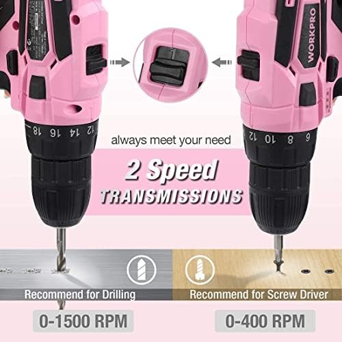 WORKPRO Pink Cordless Drill Driver Set, 12V Electric Screwdriver Driver Tool Kit, 3/8" Keyless Chuck, Charger and Storage Bag Included - Pink Ribbon - Image 6