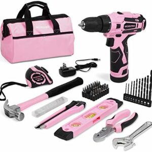 WORKPRO 12V Pink Cordless Drill Driver and Home Tool Kit, Hand Tool Set for DIY, Home Maintenance, 14-inch Storage Bag Included - Pink Ribbon