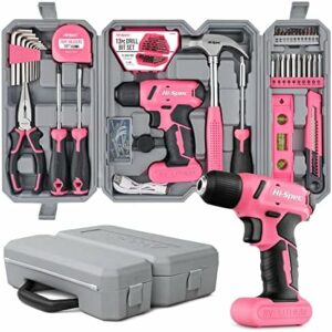 Hi-Spec 58pc Pink 8V USB Electric Drill Driver & Household Tool Kit Set With Variable Speed DIY Cordless Power Screwdriver