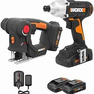 WORX 20V Cordless Power Tool Combo Kit WX914L AXIS Precision Cutting Jigsaw & 1/4 Inch Impact Driver, 2in1 Reciprocating Saw & Drill Driver, PowerShare, 2 * 2.0Ah Batteries & Charger Included