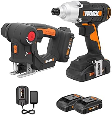 WORX 20V Cordless Power Tool Combo Kit WX914L AXIS Precision Cutting Jigsaw & 1/4 Inch Impact Driver, 2in1 Reciprocating Saw & Drill Driver, PowerShare, 2 * 2.0Ah Batteries & Charger Included