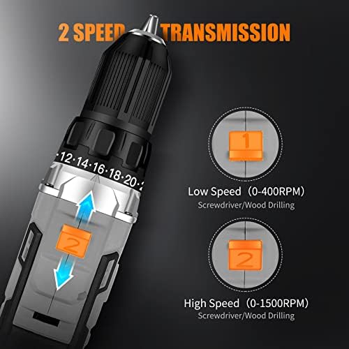 WORKSITE Cordless Drill/Driver Set with 1/2" Metal Chuck, Power Drill Kit with 442 In-lb Torque, 2-Speed Transmission, 2.0A Battery, Fast Charger and 40pcs Accessories - Image 2