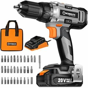 WORKSITE Cordless Drill/Driver Set with 1/2" Metal Chuck, Power Drill Kit with 442 In-lb Torque, 2-Speed Transmission, 2.0A Battery, Fast Charger and 40pcs Accessories