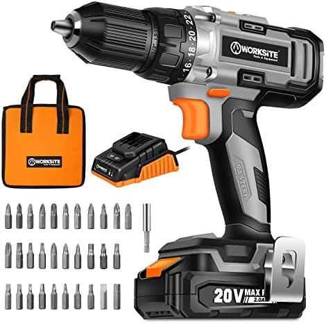 WORKSITE Cordless Drill/Driver Set with 1/2" Metal Chuck, Power Drill Kit with 442 In-lb Torque, 2-Speed Transmission, 2.0A Battery, Fast Charger and 40pcs Accessories