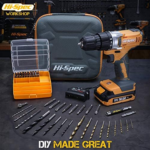 Hi-Spec 58pc Yellow 18V Cordless Power Drill Driver, Bit Set & Case. Complete Home & Garage DIY Tool - Image 7