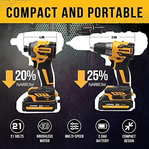 EWORK Cordless Drill and Impact Driver Set, 21V Brushless Power Drill Drivers with (2) 2.0Ah Batteries and (1) Fast Charger, Compact Power Tool Combo Kits (EKC-1018) - Image 2