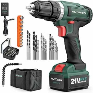 HUYOSEN Cordless Drill Driver, 21V Professional Impact Drill, 46N.M Torque- 3/8''Auto Chuck, 23+1 Clutch, 57 Pcs Accessorie, Built-in LED Power Drill Drivers Set for Drilling Wall Wood Metal DIYs