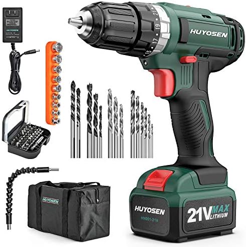 HUYOSEN Cordless Drill Driver, 21V Professional Impact Drill, 46N.M Torque- 3/8''Auto Chuck, 23+1 Clutch, 57 Pcs Accessorie, Built-in LED Power Drill Drivers Set for Drilling Wall Wood Metal DIYs