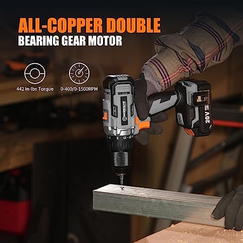 WORKSITE Cordless Drill/Driver Set with 1/2" Metal Chuck, Power Drill Kit with 442 In-lb Torque, 2-Speed Transmission, 2.0A Battery, Fast Charger and 40pcs Accessories - Image 4