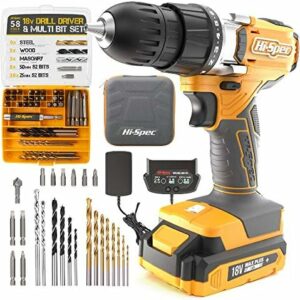 Hi-Spec 58pc Yellow 18V Cordless Power Drill Driver, Bit Set & Case. Complete Home & Garage DIY Tool