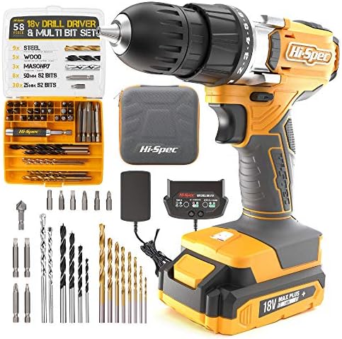 Hi-Spec 58pc Yellow 18V Cordless Power Drill Driver, Bit Set & Case. Complete Home & Garage DIY Tool