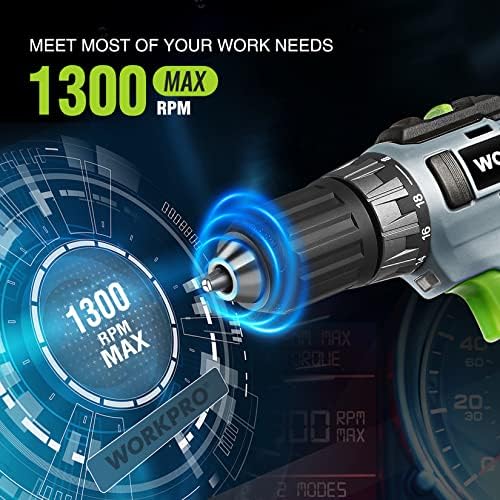 WORKPRO 20V Cordless Drill Driver Kit, 3/8'' Keyless Chuck, 2.0 Ah Li-ion Battery, 1 Hour Fast Charger and 11-inch Green Storage Bag Included - Image 3