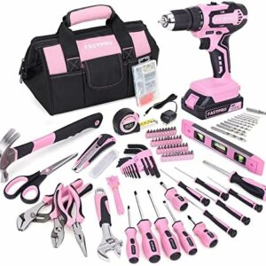 FASTPRO 232-Piece 20V Pink Cordless Lithium-ion Drill Driver and Home Tool Set, Lady's Repairing Kit with 12-Inch Wide Mouth Open Storage Bag
