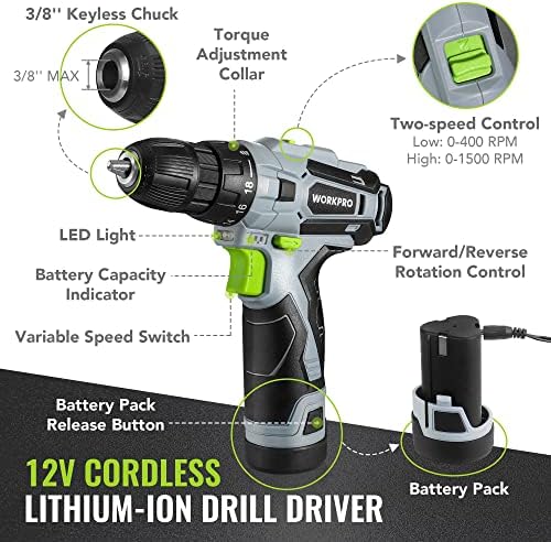 WORKPRO Home Tool Kit with Power Drill, 108PCS Power Home Tool Set with 12V 1.5 Ah Battery Powered Screwdriver and Tool Box, Electric Cordless Drill Set with Keyless Chuck and Variable Speed Trigger - Image 3