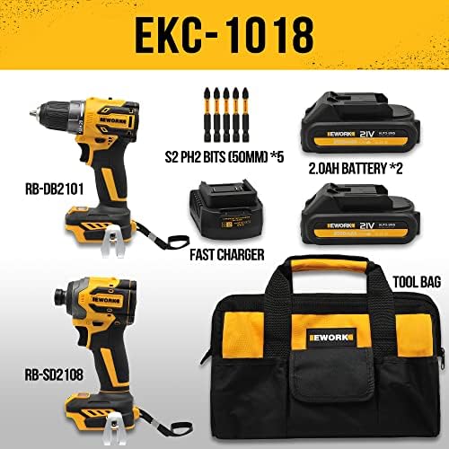 EWORK Cordless Drill and Impact Driver Set, 21V Brushless Power Drill Drivers with (2) 2.0Ah Batteries and (1) Fast Charger, Compact Power Tool Combo Kits (EKC-1018) - Image 6
