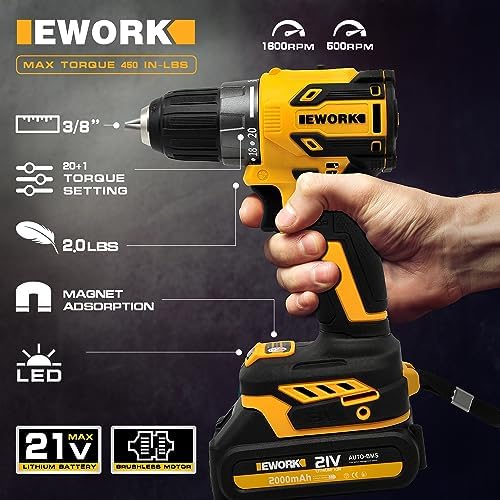 EWORK Cordless Drill and Impact Driver Set, 21V Brushless Power Drill Drivers with (2) 2.0Ah Batteries and (1) Fast Charger, Compact Power Tool Combo Kits (EKC-1018) - Image 4
