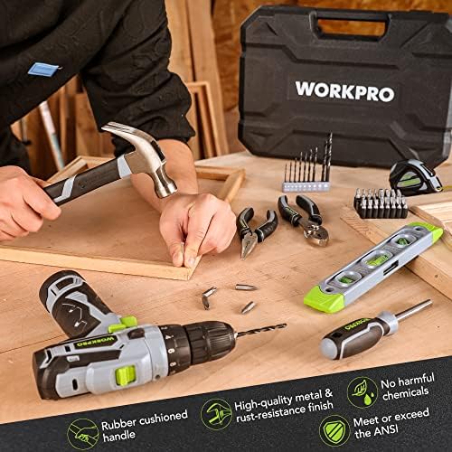 WORKPRO Home Tool Kit with Power Drill, 108PCS Power Home Tool Set with 12V 1.5 Ah Battery Powered Screwdriver and Tool Box, Electric Cordless Drill Set with Keyless Chuck and Variable Speed Trigger - Image 7