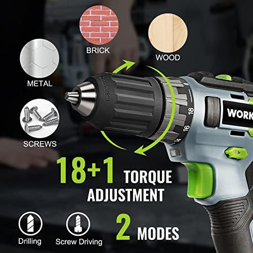 WORKPRO 20V Cordless Drill Driver Kit, 3/8'' Keyless Chuck, 2.0 Ah Li-ion Battery, 1 Hour Fast Charger and 11-inch Green Storage Bag Included - Image 4