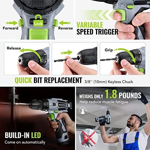 WORKPRO Home Tool Kit with Power Drill, 108PCS Power Home Tool Set with 12V 1.5 Ah Battery Powered Screwdriver and Tool Box, Electric Cordless Drill Set with Keyless Chuck and Variable Speed Trigger - Image 5