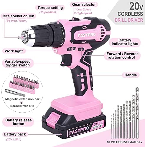 FASTPRO 232-Piece 20V Pink Cordless Lithium-ion Drill Driver and Home Tool Set, Lady's Repairing Kit with 12-Inch Wide Mouth Open Storage Bag - Image 4