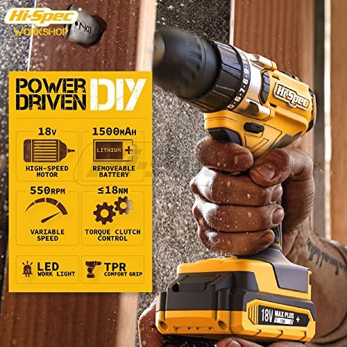 Hi-Spec 58pc Yellow 18V Cordless Power Drill Driver, Bit Set & Case. Complete Home & Garage DIY Tool - Image 3