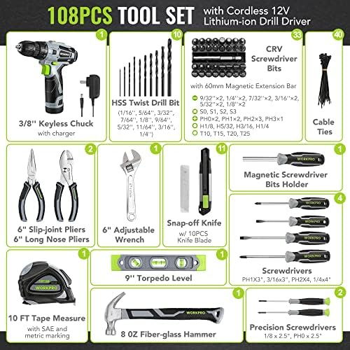 WORKPRO Home Tool Kit with Power Drill, 108PCS Power Home Tool Set with 12V 1.5 Ah Battery Powered Screwdriver and Tool Box, Electric Cordless Drill Set with Keyless Chuck and Variable Speed Trigger - Image 2