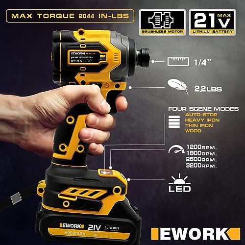EWORK Cordless Drill and Impact Driver Set, 21V Brushless Power Drill Drivers with (2) 2.0Ah Batteries and (1) Fast Charger, Compact Power Tool Combo Kits (EKC-1018) - Image 3