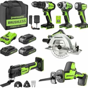 Greenworks 24V 6-pcs Combo Kit: 24V Hammer Drill, Impact Driver, Multi-Tool, Flashlight, Reciprocating Saw & Circular Saw, Includes 2*2.0Ah & 1*2.0Ah USB (Power Bank) Batteries & (2) Fast Chargers