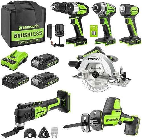 Greenworks 24V 6-pcs Combo Kit: 24V Hammer Drill, Impact Driver, Multi-Tool, Flashlight, Reciprocating Saw & Circular Saw, Includes 2*2.0Ah & 1*2.0Ah USB (Power Bank) Batteries & (2) Fast Chargers