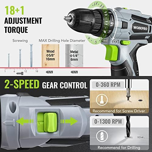 WORKPRO Home Tool Kit with Power Drill, 108PCS Power Home Tool Set with 12V 1.5 Ah Battery Powered Screwdriver and Tool Box, Electric Cordless Drill Set with Keyless Chuck and Variable Speed Trigger - Image 6