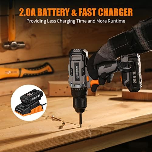 WORKSITE Cordless Drill/Driver Set with 1/2" Metal Chuck, Power Drill Kit with 442 In-lb Torque, 2-Speed Transmission, 2.0A Battery, Fast Charger and 40pcs Accessories - Image 6