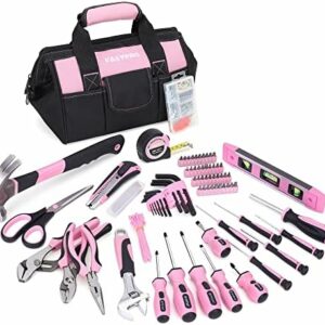 FASTPRO Pink Tool Set, 220-Piece Lady's Home Repairing Tool Kit with 12-Inch Wide Mouth Open Storage Tool Bag