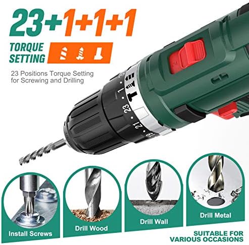 HUYOSEN Cordless Drill Driver, 21V Professional Impact Drill, 46N.M Torque- 3/8''Auto Chuck, 23+1 Clutch, 57 Pcs Accessorie, Built-in LED Power Drill Drivers Set for Drilling Wall Wood Metal DIYs - Image 6