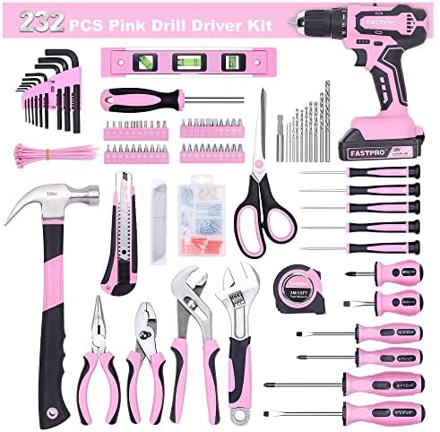 FASTPRO 232-Piece 20V Pink Cordless Lithium-ion Drill Driver and Home Tool Set, Lady's Repairing Kit with 12-Inch Wide Mouth Open Storage Bag - Image 3