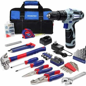 WORKPRO 12V Cordless Drill and Home Tool Kit, 177 Pieces Combo Kit with 14-inch Tool Bag